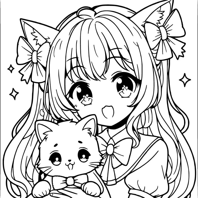 cute girl wearing cat ears with bows and she is holding a cat wearing bows on the cats ears in anime