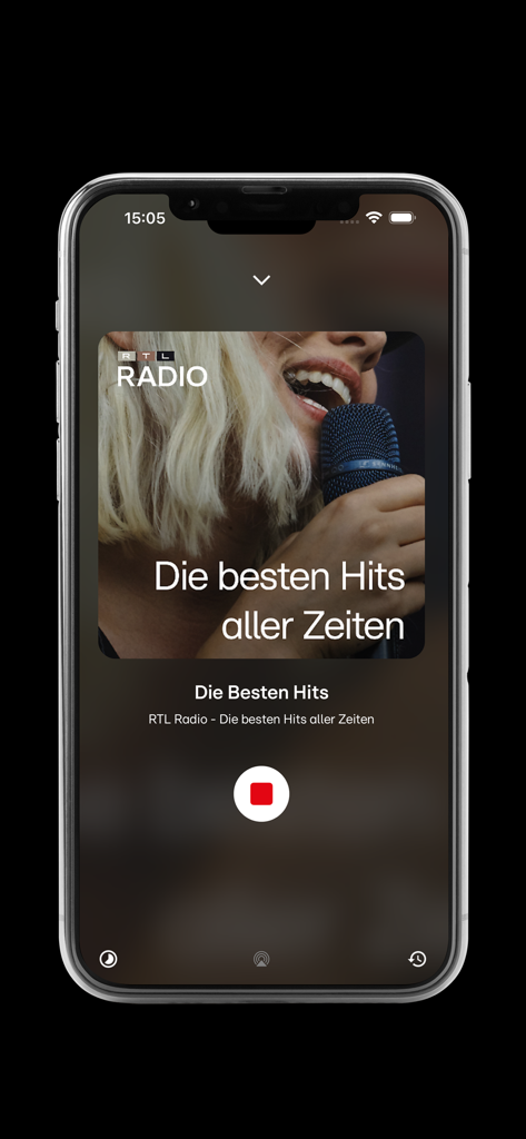 RTL RADIO - RTL RADIO mobile app screen showing the music player interface with hit music and a stop button