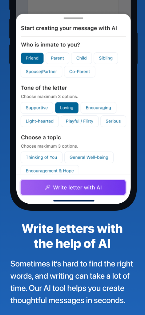 AI letter writing feature in the Inmate Photos app for sending messages to prison