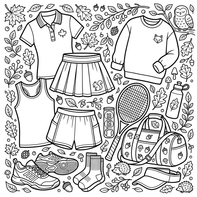 Get ready for an active fall with this delightful coloring page featuring stylish tennis activewear and gear. Dive into a world where sport meets season, surrounded by charming autumn motifs waiting for your artistic touch.