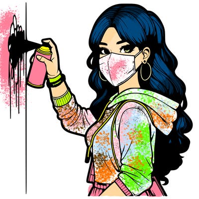 realistic girl with mask spray painting a wall
