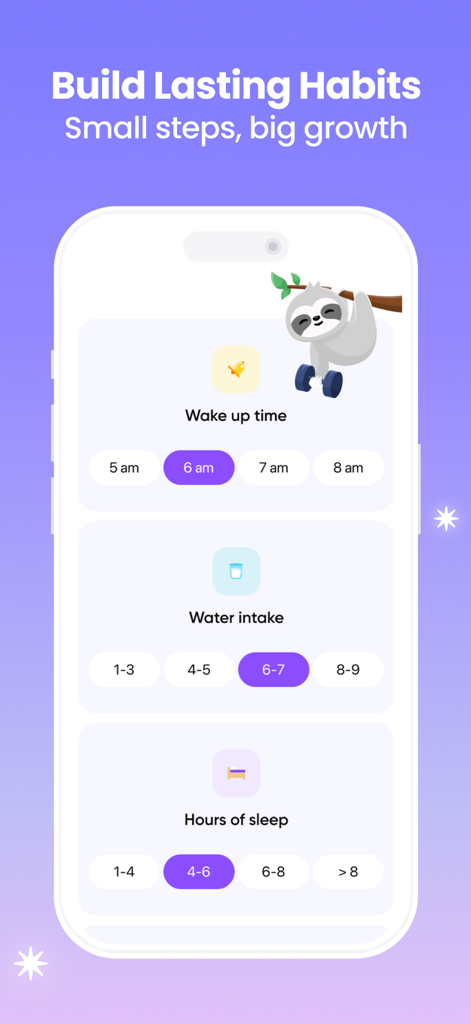 ADHD Coach & Planner - Sunrise - Interfaccia di monitoraggio delle abitudini che mostra obiettivi per l'ora di sveglia, l'assunzione di acqua e le ore di sonno.