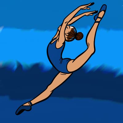 gymnast doing a leap in a leotard with a bent back leg
