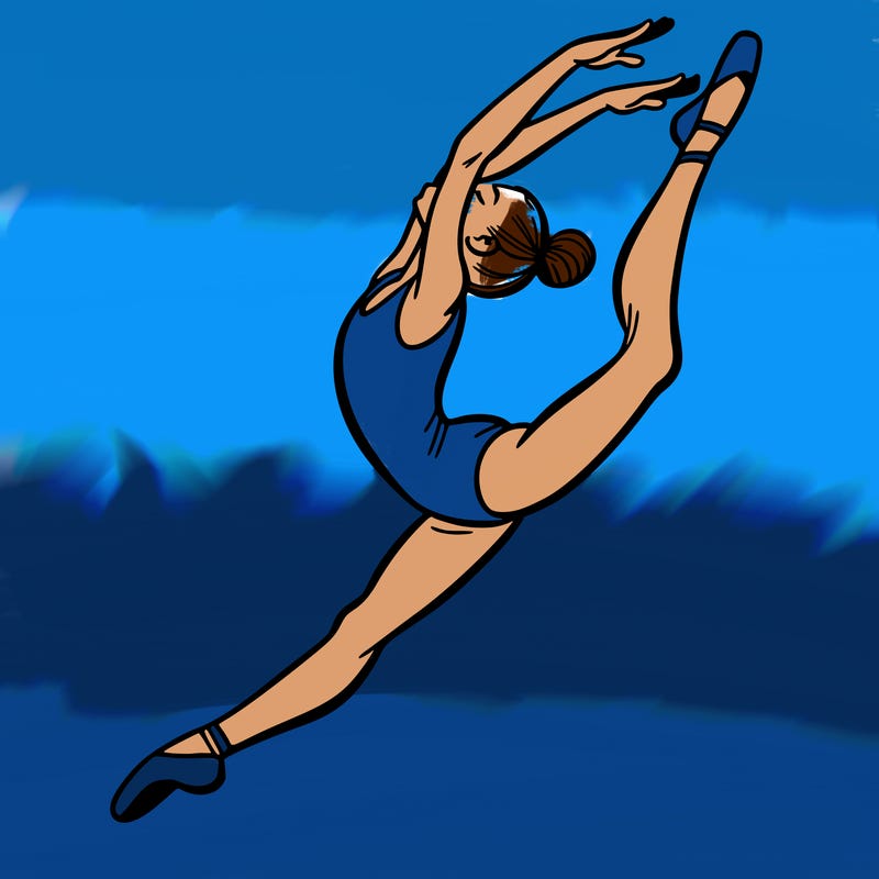 gymnast doing a leap in a leotard with a bent back leg