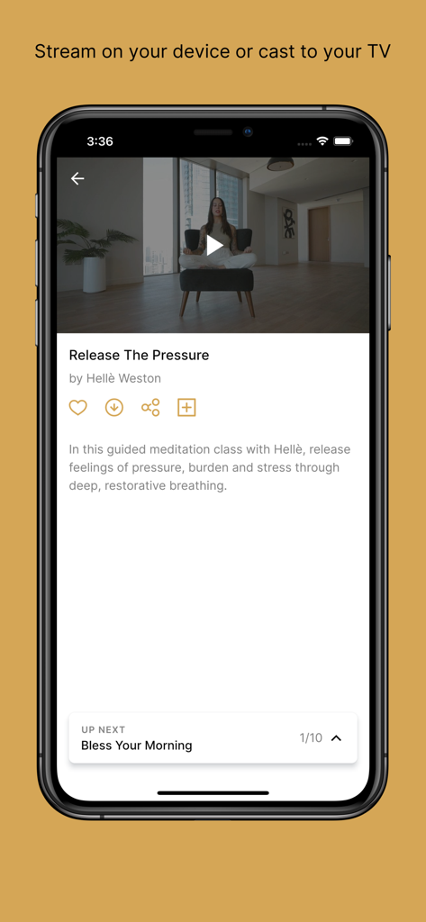 Owaken Breathwork app interface on an iPhone showing a guided meditation class called Release The Pressure with a cast to TV feature
