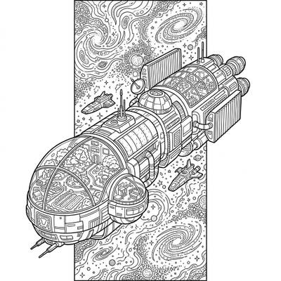 Dive into a universe of creativity with this unique generation ship coloring page, perfectly designed as an intricate bookmark. Explore the detailed internal ecosystem and vast cosmic background as you bring this interstellar vessel to life.