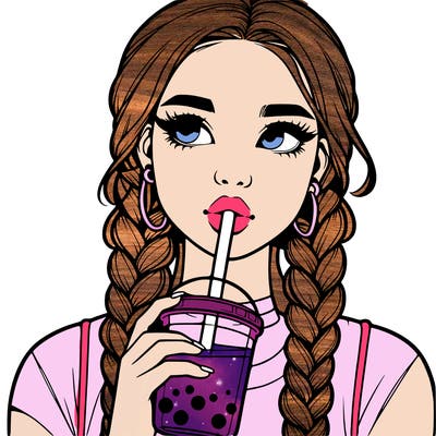 realistic girl with braided hair drinking boba