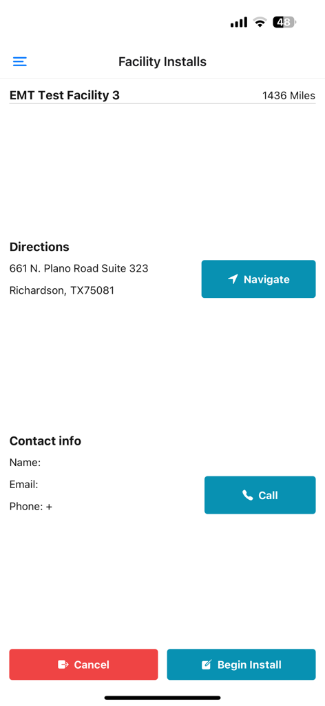 ENTOUCH Installer Tool app interface displaying facility install details including address navigation and the begin install button