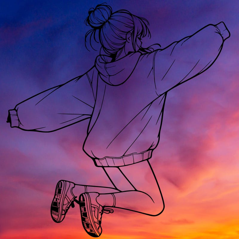 realistic girl jumping with a bun and oversized sweatshirt