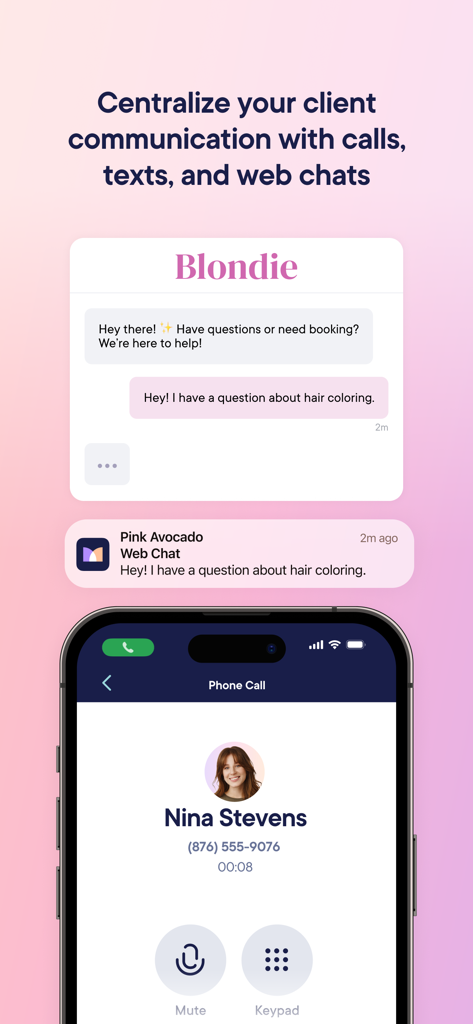 Mangomint app interface for centralizing salon client communications including web chat and phone calls.