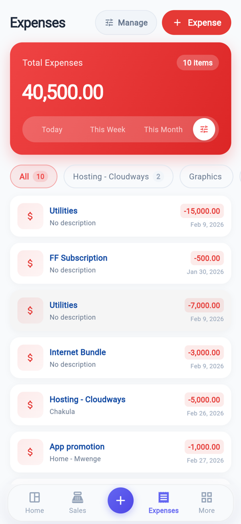 SmartBusiness Bookkeeping App - Una schermata di un'app mobile che mostra un elenco di spese aziendali e la spesa totale per l'app SmartBusiness Bookkeeping.