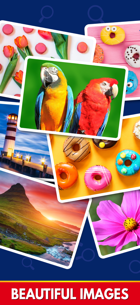 Find The Differences: Spot It - Una colección de imágenes vibrantes de alta calidad que incluyen guacamayos, donas y paisajes del juego de rompecabezas Encuentra las Diferencias.