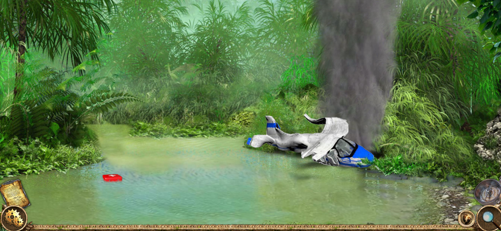 Black Rainbow Mystery - Un avión estrellado humeando en una jungla exuberante al lado de un río con un botiquín flotando en el agua.