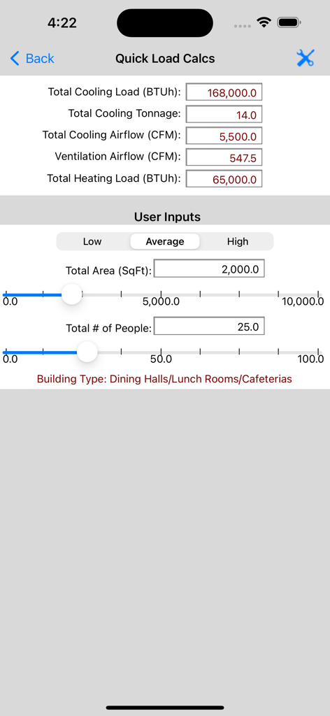 HVAC Quick Load app screen showing results for cooling and heating loads based on building area and occupancy