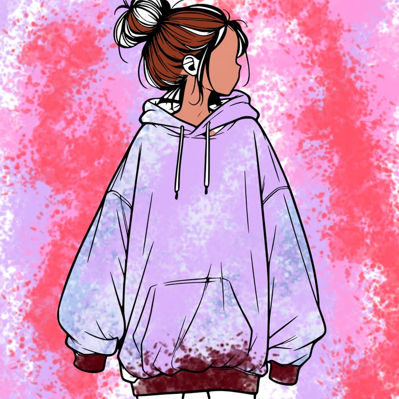 realistic girl with a oversized sweatshirt on and a bun