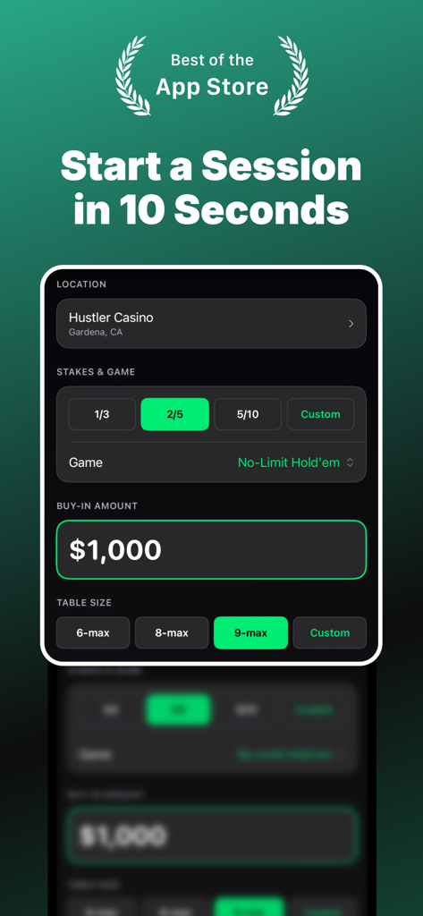 PokerLog app interface for quickly starting a poker session with location and buy-in settings