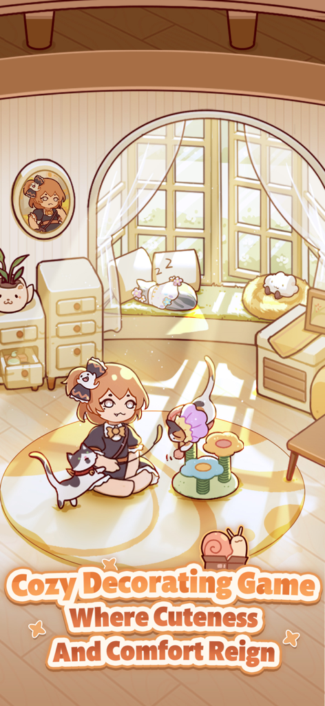 My Leisure Time - Una chica sentada en una alfombra con gatos en una acogedora habitación decorada e iluminada por el sol