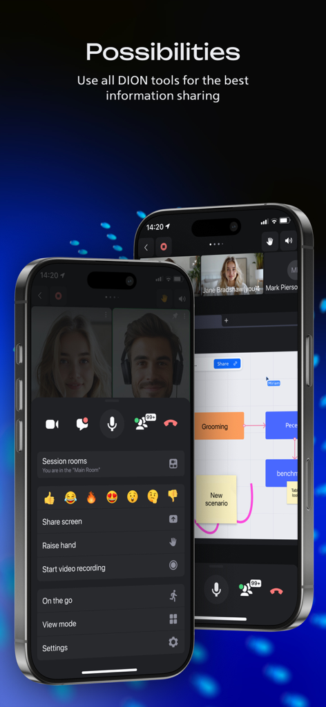 DION UC - DION UC mobile app interface showing a video conference call and collaborative whiteboarding session on iPhones.