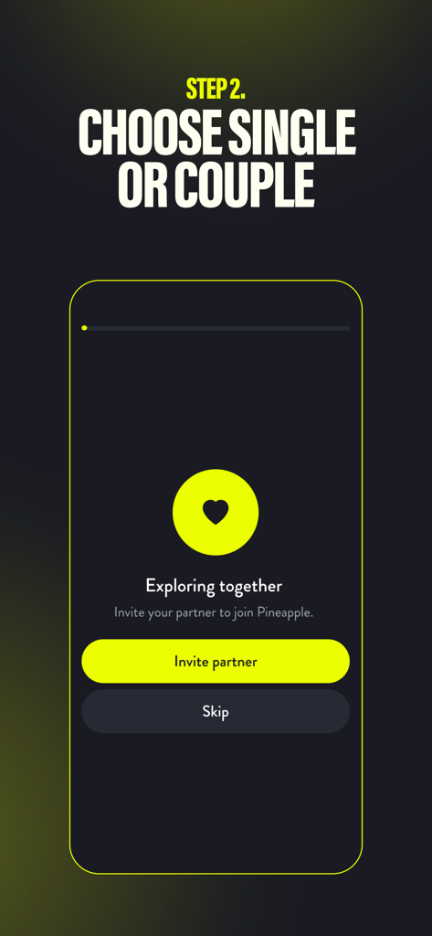 Screenshot of the Pineapple Lifestyle app onboarding process showing an option for couples to explore together and invite a partner.