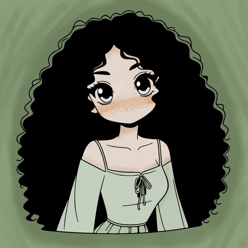 a black anime girl with long afro hair