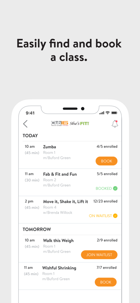 Club 16 Trevor Linden Fitness - Interface d'application de fitness montrant un horaire de cours de fitness avec des options pour réserver ou rejoindre une liste d'attente