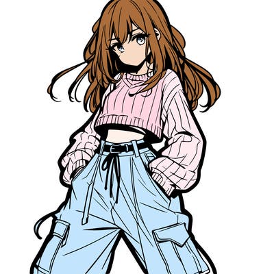 anime teen girl with baggy pants and crop top with sweater