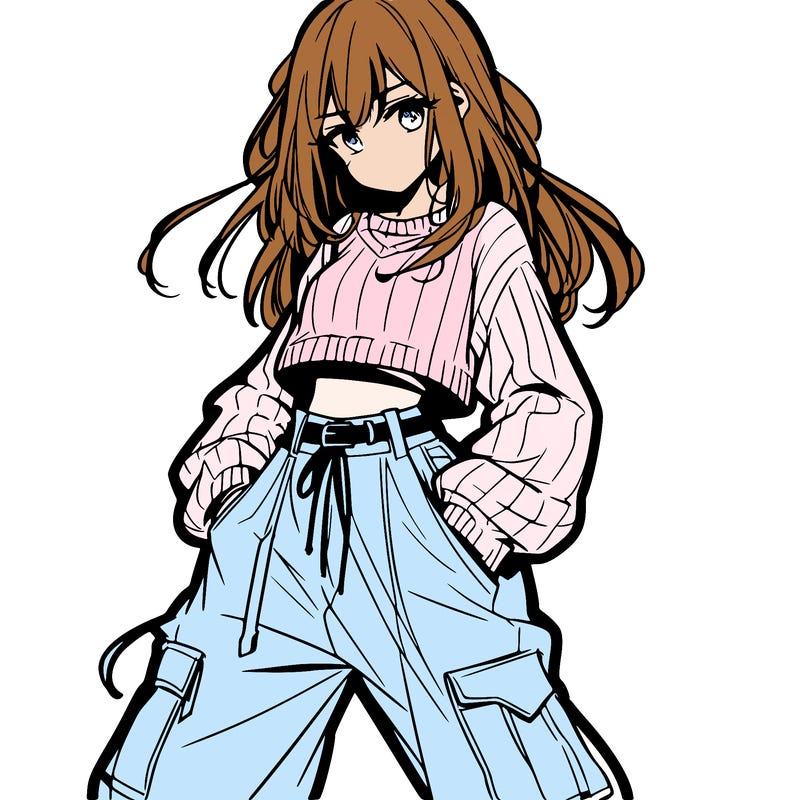 anime teen girl with baggy pants and crop top with sweater