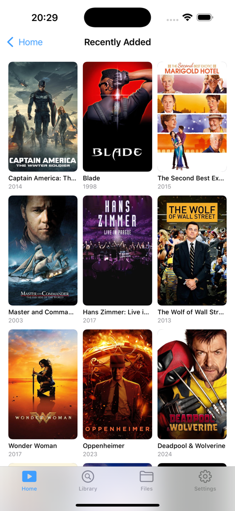 A grid display of movie posters in the BeeJoy app showing recently added titles such as Oppenheimer and Deadpool and Wolverine