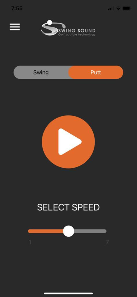 SwingSound Golf - SwingSound Golf app interface showing the putting rhythm training screen with play button and speed slider.
