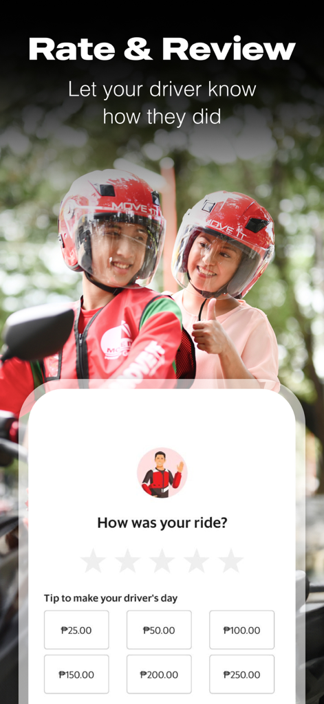 星評価とドライバーへのチップオプションを示すMove Itアプリの評価とレビュー画面