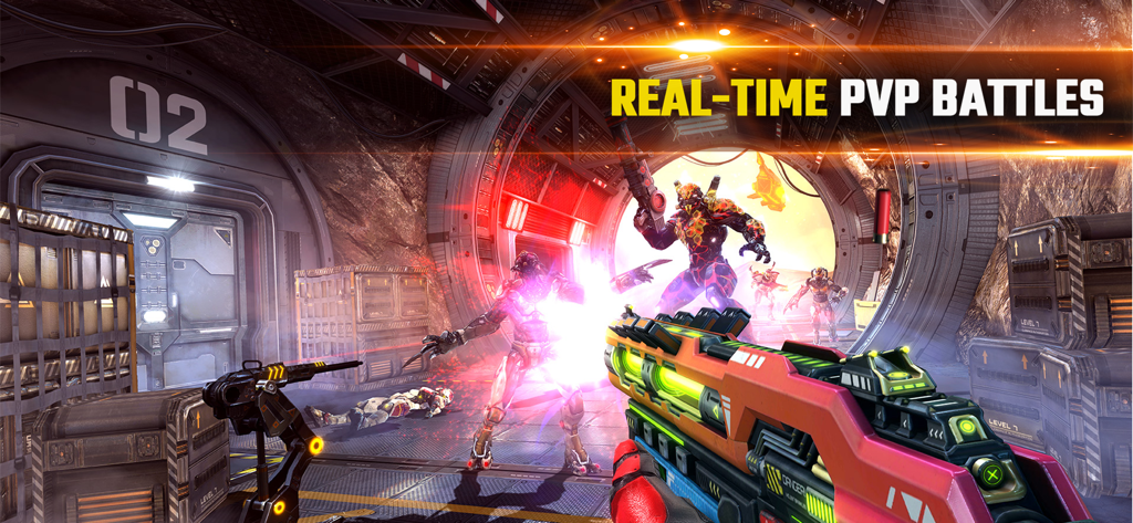 First person view of an online PvP match in Shadowgun Legends with futuristic weapons and armor