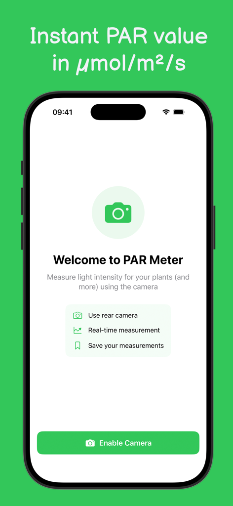 PARM - Welcome screen of the PARM app showing options to measure plant light intensity using the camera.