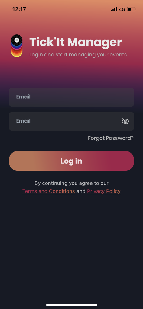 Tick'It Manager - Login interface for the Tick'It Manager app featuring email and password input fields
