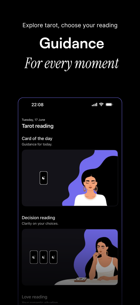 Orion – Horoscope & Tarot - Tela de leitura de tarot do aplicativo Orion mostrando a Carta do Dia e opções de leitura de Decisão com ilustrações espirituais