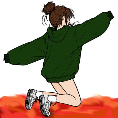 realistic girl jumping with a bun and oversized sweatshirt
