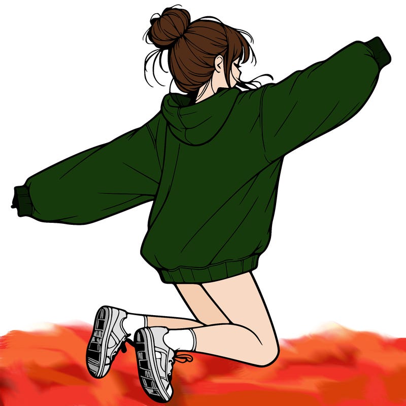realistic girl jumping with a bun and oversized sweatshirt