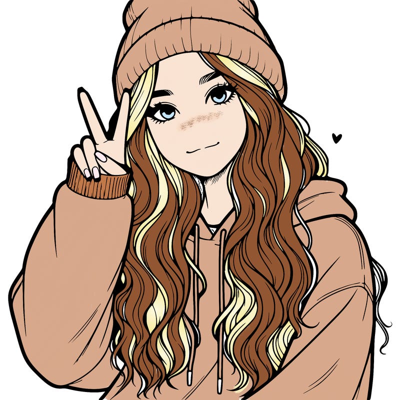a teenage girl in a beanie, oversized sweatshirt, wavy long hair, and is showing a ✌️