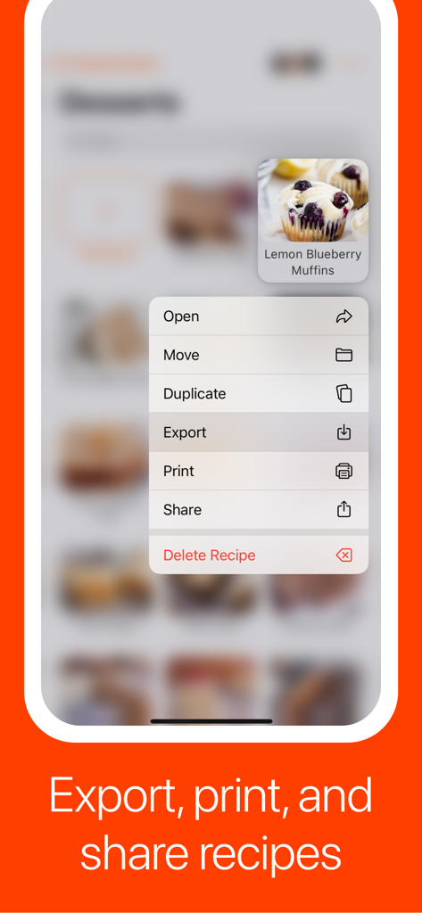 Umami recipe manager app showing a context menu with options to export print and share recipes