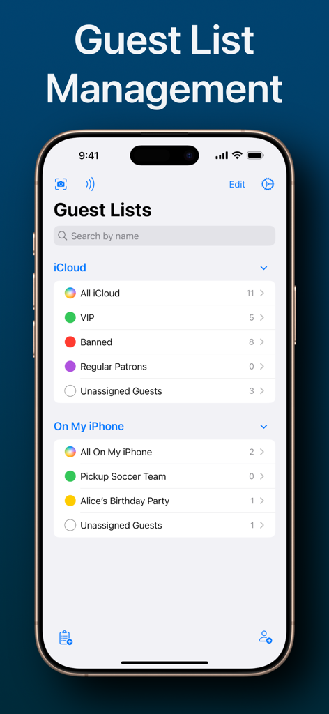 Check ID Scanner app guest list management interface with VIP and banned categories