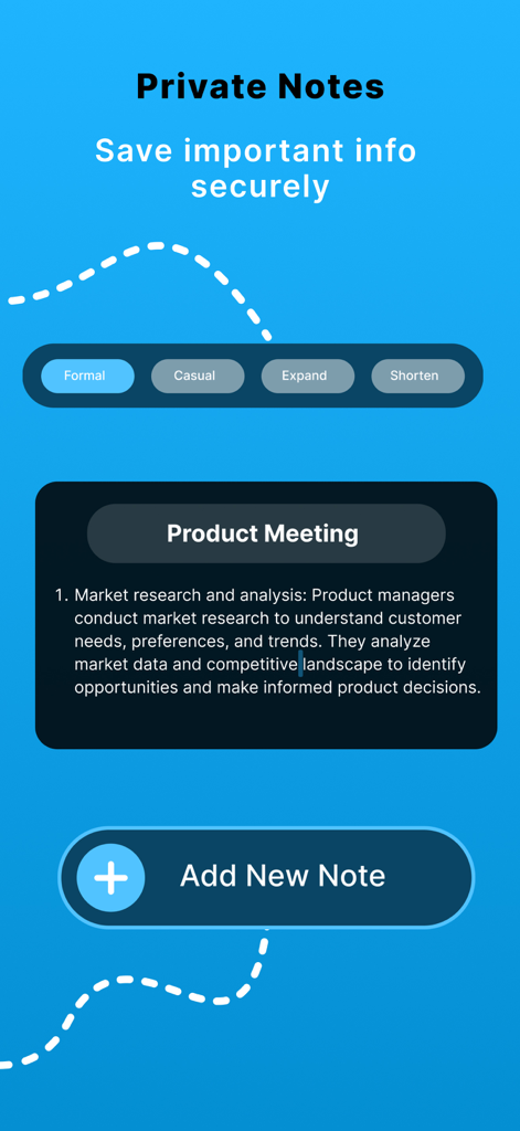 Schermata dell'app Tele Messenger che mostra la funzione note private con opzioni di miglioramento del testo AI