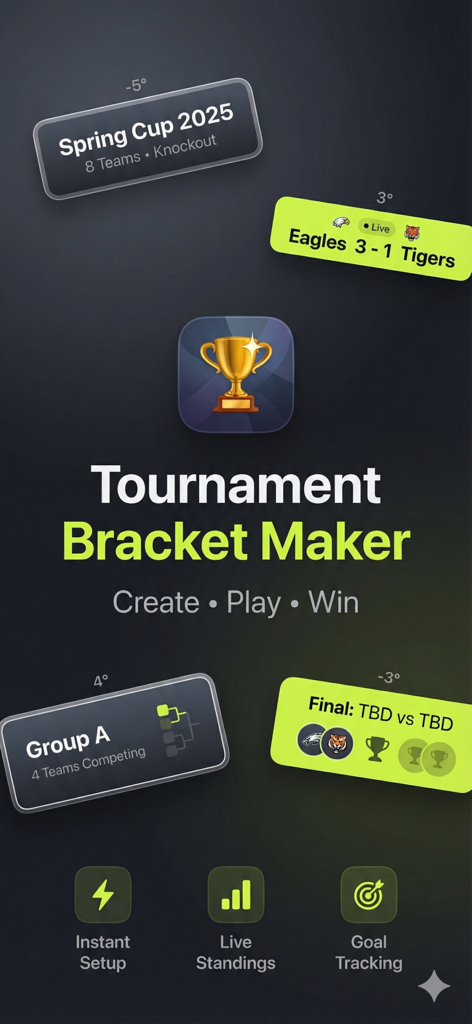 Interfaz de la aplicación Creador de Cuadros de Torneos que muestra la configuración del torneo, puntuaciones en vivo y funciones de seguimiento de goles.