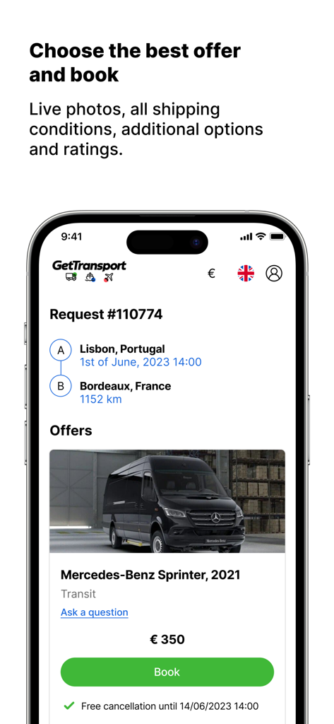 GetTransport app interface showing a shipping offer for a Mercedes Sprinter van