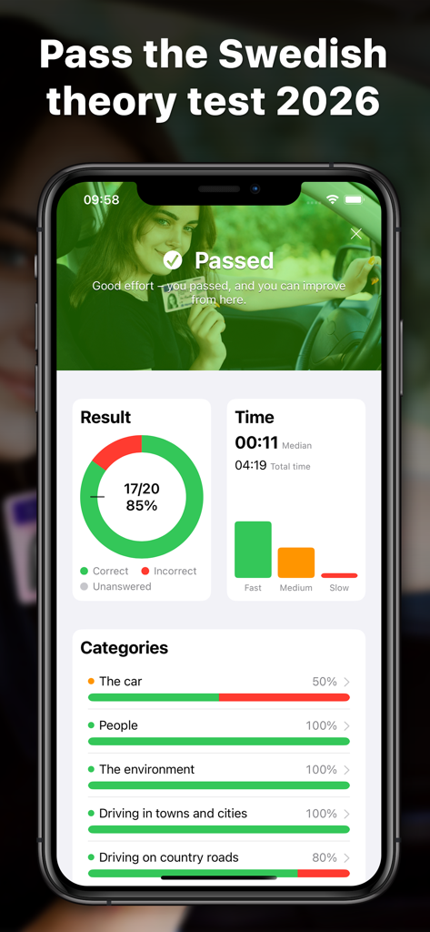 iKörkort - A passing test result and detailed category statistics in the iKörkort Swedish driver license app.