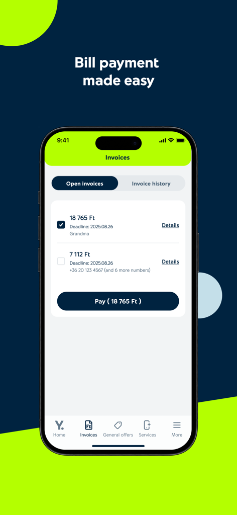 Yettel HU 앱 송장 섹션과 요금 납부 옵션이 표시된 스마트폰 화면