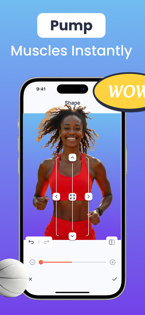 Photo Edit, Body & Face Editor - Interfaz de aplicación de edición de fotos que muestra herramientas de mejora muscular en una mujer con ropa deportiva.