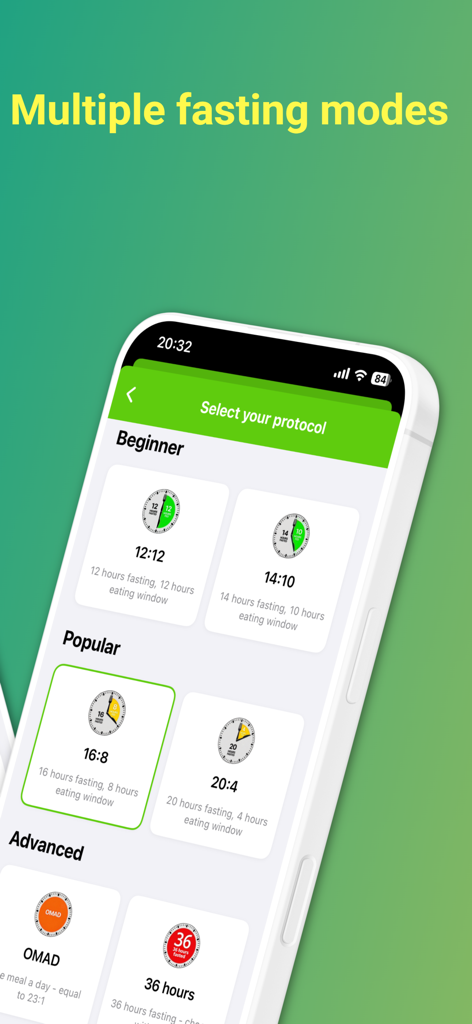 Interface of the Diet Scan AI app showing various intermittent fasting protocols including 16 8 and OMAD