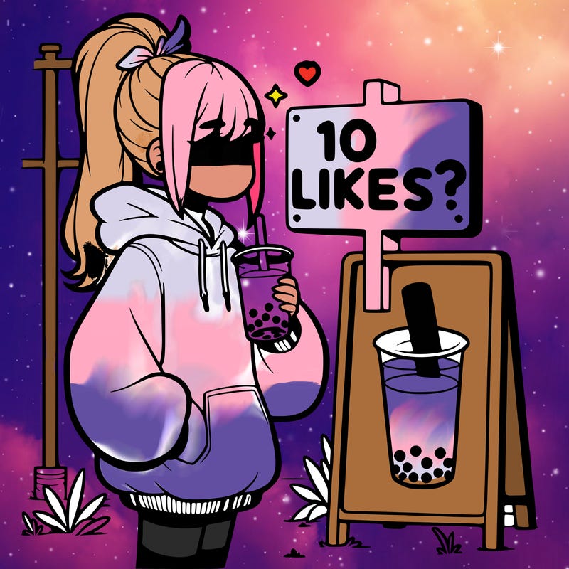 girl with oversized hoodie drinking boba and she has a high ponytail with a sign that says 10likes?