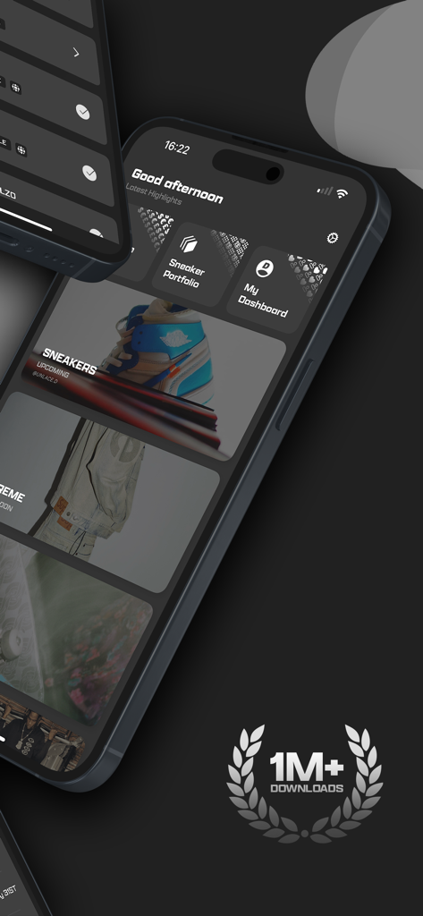 Droplist - A smartphone showing the Droplist app dashboard with upcoming sneaker releases and a 1M plus downloads badge