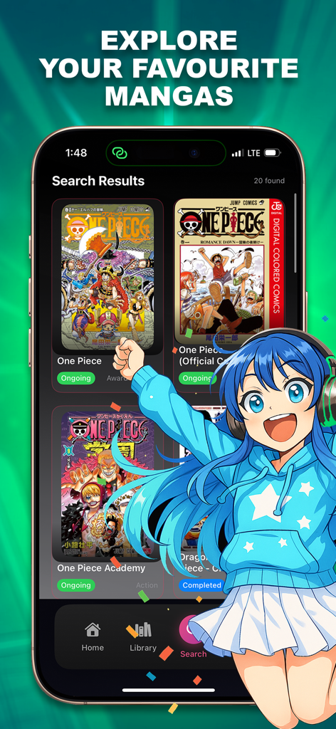 Manga Reader: Webtoon - iPhone screen showing search results for popular manga titles like One Piece in the Manga Reader app