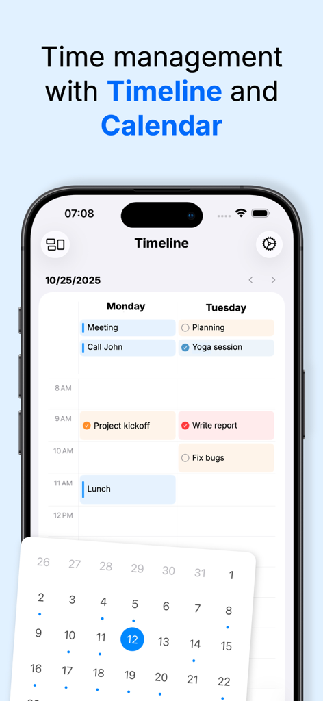 TaskMind: Task Manager - TaskMind app timeline and calendar view for managing daily tasks on iPhone.